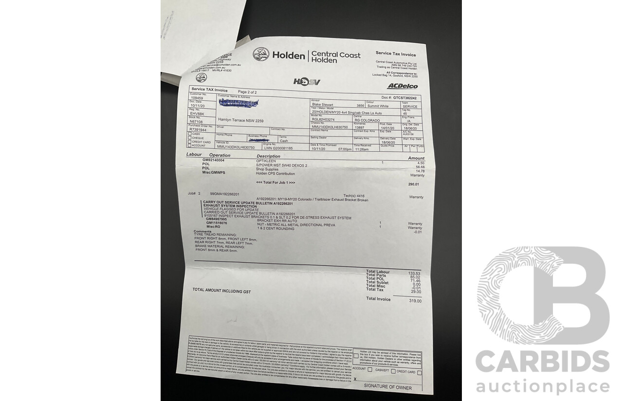 02/2020 Holden Colorado LS (4x4) RG MY20 C/Chas Summit White Turb Diesel 2.8L