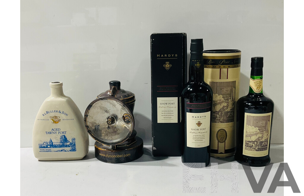 Collection of Four Ports Including R.L Buller&Son Aged Tawny Port, Dyno Nobel Port, Hardys Show Port and Wood&co Rare Print Series Number Six Tawny Port