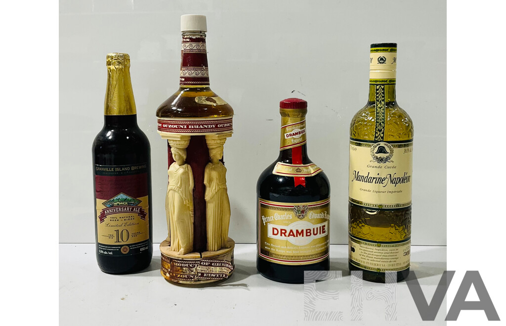 Collection of Four Bottles of Different Liqueurs Including Ouzouni Brandy in Decorative Bottle, Grande Cuvée Mandarine Napoléon Liqueur, Prince Charles Edward’s Drambuie Liqueur and Granville Island Brewing 10th Anniversary Ale