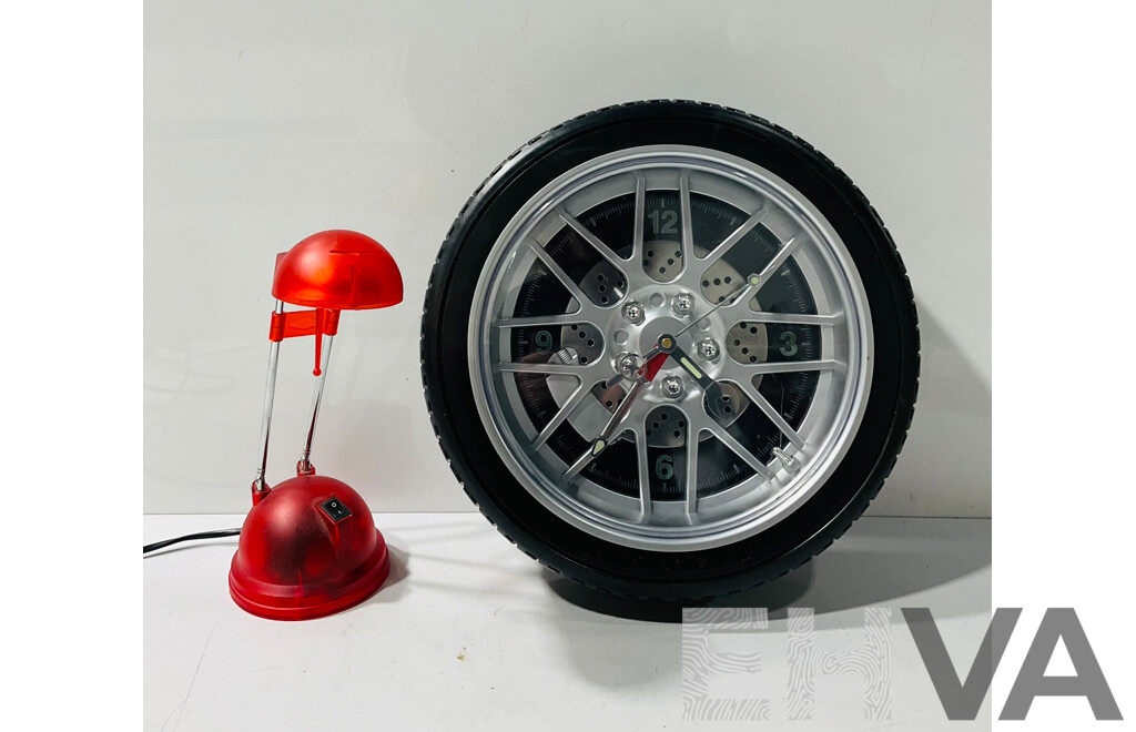 Red Plastic Desk Lamp and Novelty Tire-form Wall Clock