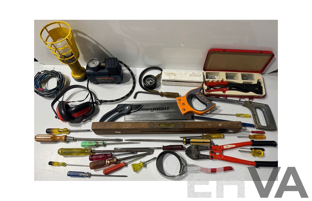 Assorted Lot of Hand and Power Tools - Saw, Screw Driver, Earmuffs, and More