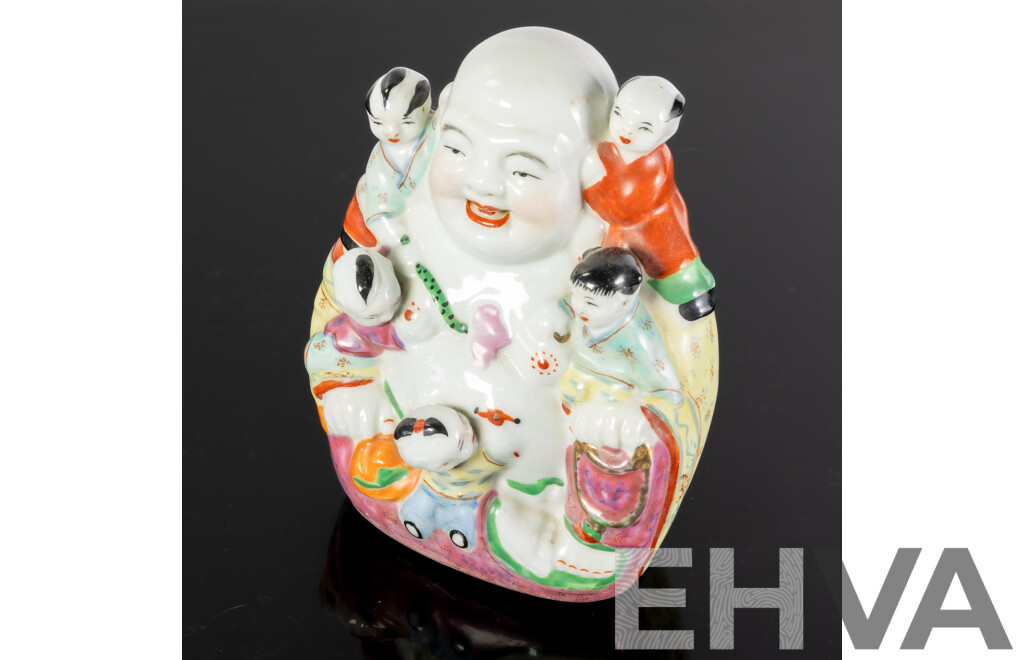 Vintage Chinese Laughing Buddha with Infants Porcelain Figure