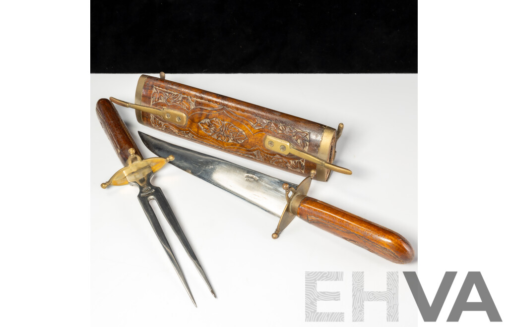 Subcontinental Hand Carved Carving Set in Wooden Sheath Including Knife and Fork