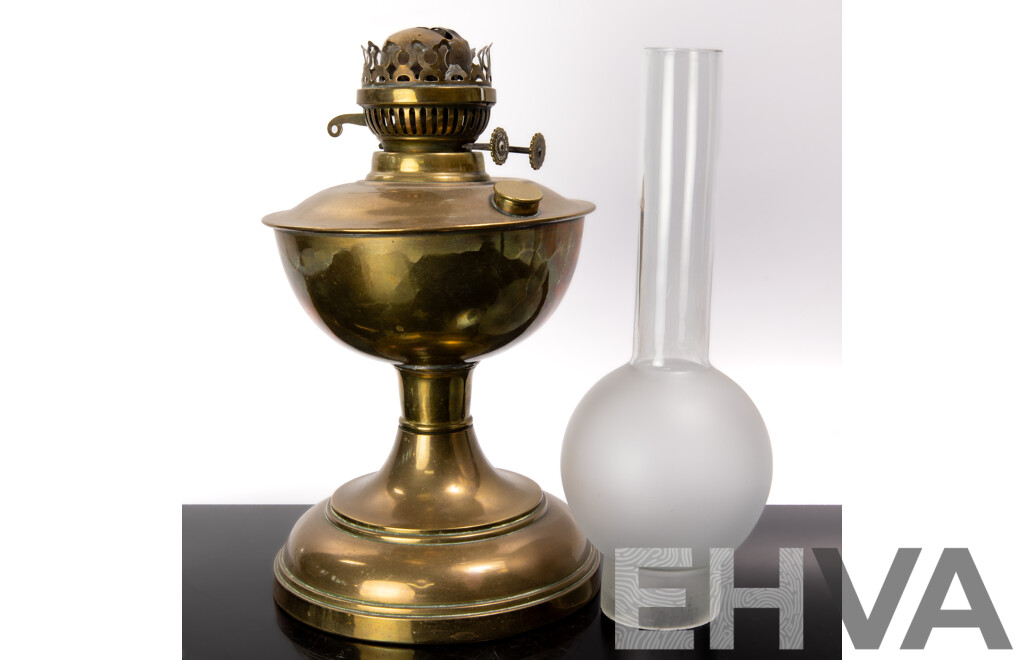 Vintage Sherwood Dual Control Oil Lamp with Glass Flue and Brass Font and Base