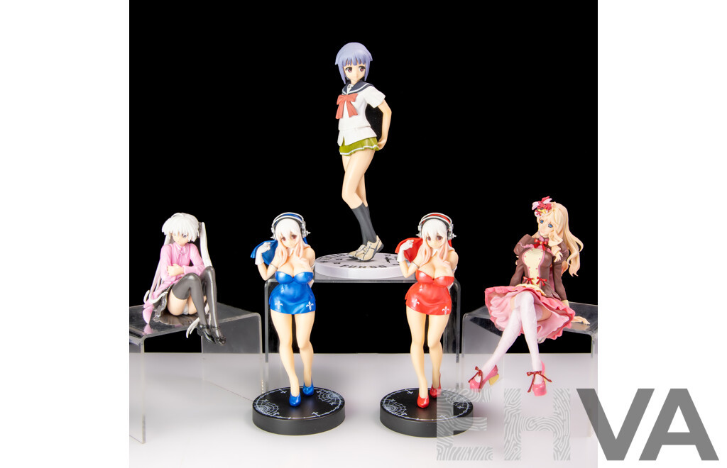 Collection Five Japanese Adult Hentai Anime Risqué Girly Figures Including Daiki Industries Suzufuwa Suzunari Flower Garden Project Example with Removable Clothes