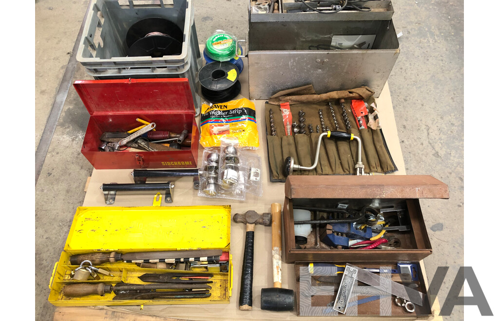 Five Toolboxes with a Selection of Tools and Hardware