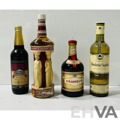 Collection of Four Bottles of Different Liqueurs Including Ouzouni Brandy in Decorative Bottle, Grande Cuvée Mandarine Napoléon Liqueur, Prince Charles Edward’s Drambuie Liqueur and Granville Island Brewing 10th Anniversary Ale
