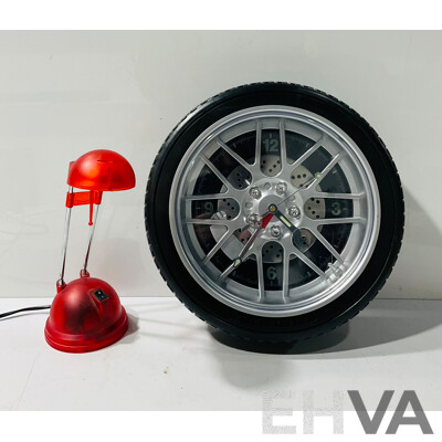 Red Plastic Desk Lamp and Novelty Tire-form Wall Clock