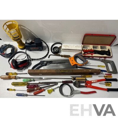 Assorted Lot of Hand and Power Tools - Saw, Screw Driver, Earmuffs, and More