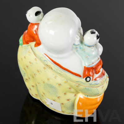 Vintage Chinese Laughing Buddha with Infants Porcelain Figure