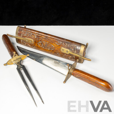 Subcontinental Hand Carved Carving Set in Wooden Sheath Including Knife and Fork