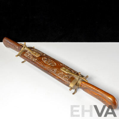 Subcontinental Hand Carved Carving Set in Wooden Sheath Including Knife and Fork