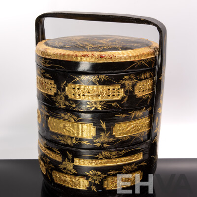 Vintage Chinese Thee Level Lacquer Work Carry Stack with Engraved Gilt Decorated Panels to Side