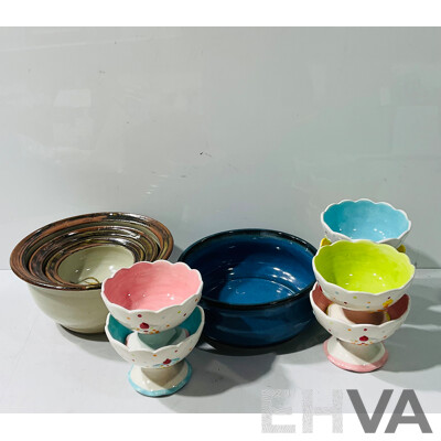 Set Six Ceramic Ice Cream Bowls, Set Three Graduating Studio Pottery Bowls and Pottery Blue Bowl