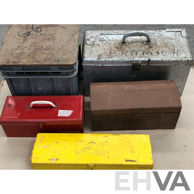 Five Toolboxes with a Selection of Tools and Hardware