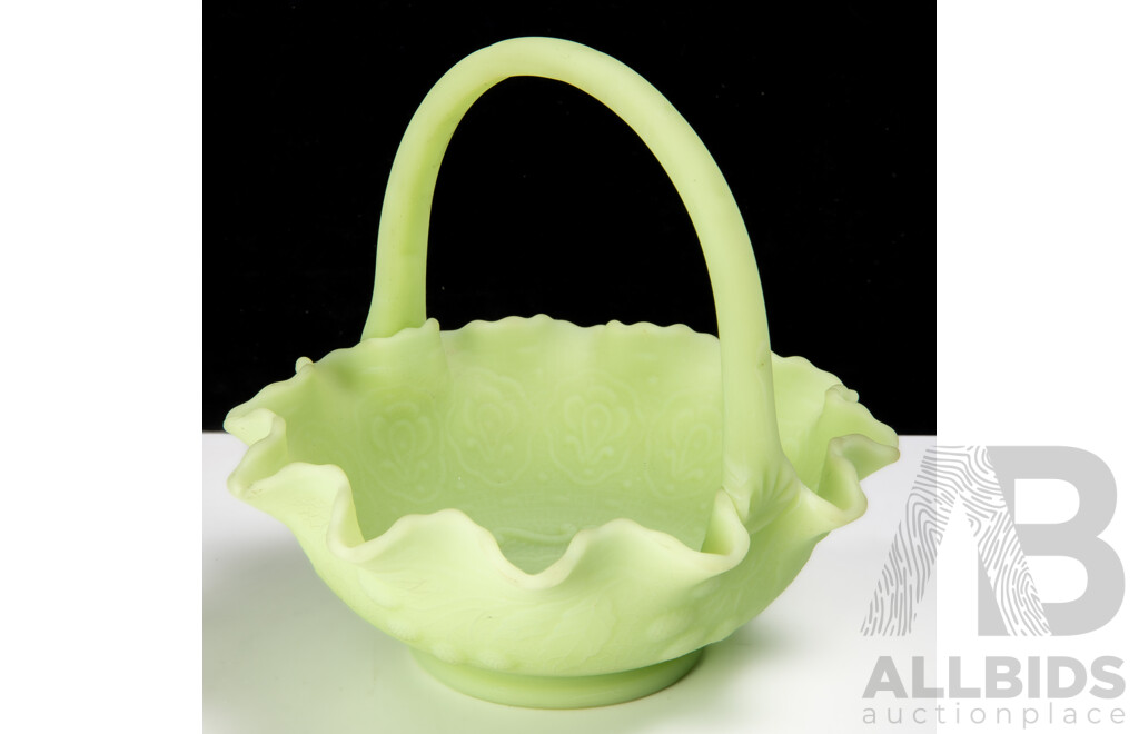Vintage Fenton Basket Form Uranium Glass Dish with Impressed Pattern