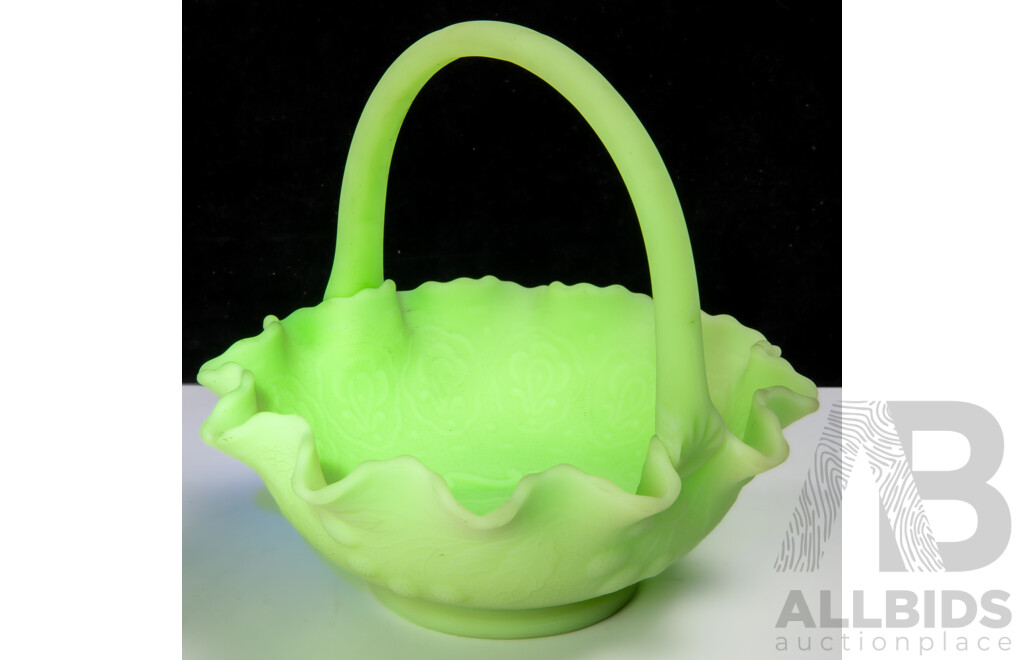 Vintage Fenton Basket Form Uranium Glass Dish with Impressed Pattern