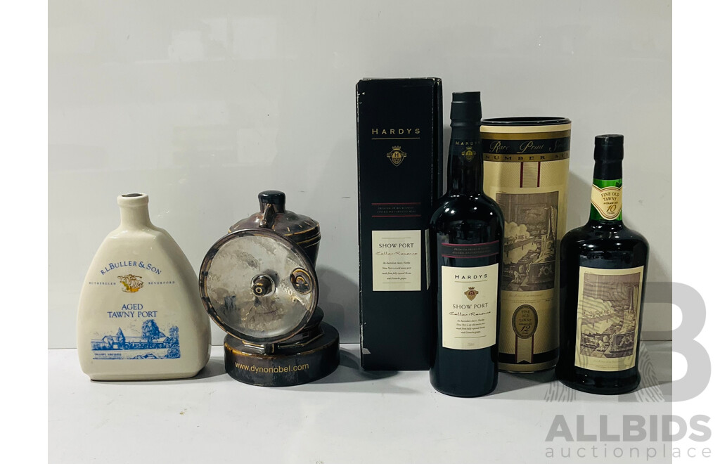 Collection of Four Ports Including R.L Buller&Son Aged Tawny Port, Dyno Nobel Port, Hardys Show Port and Wood&co Rare Print Series Number Six Tawny Port