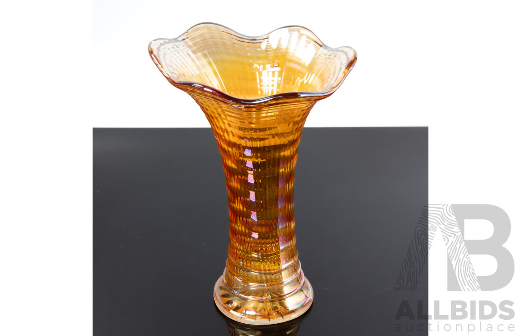 Vintage Indiana Marigold Carnival Glass Vase with Layered and Striated Detail