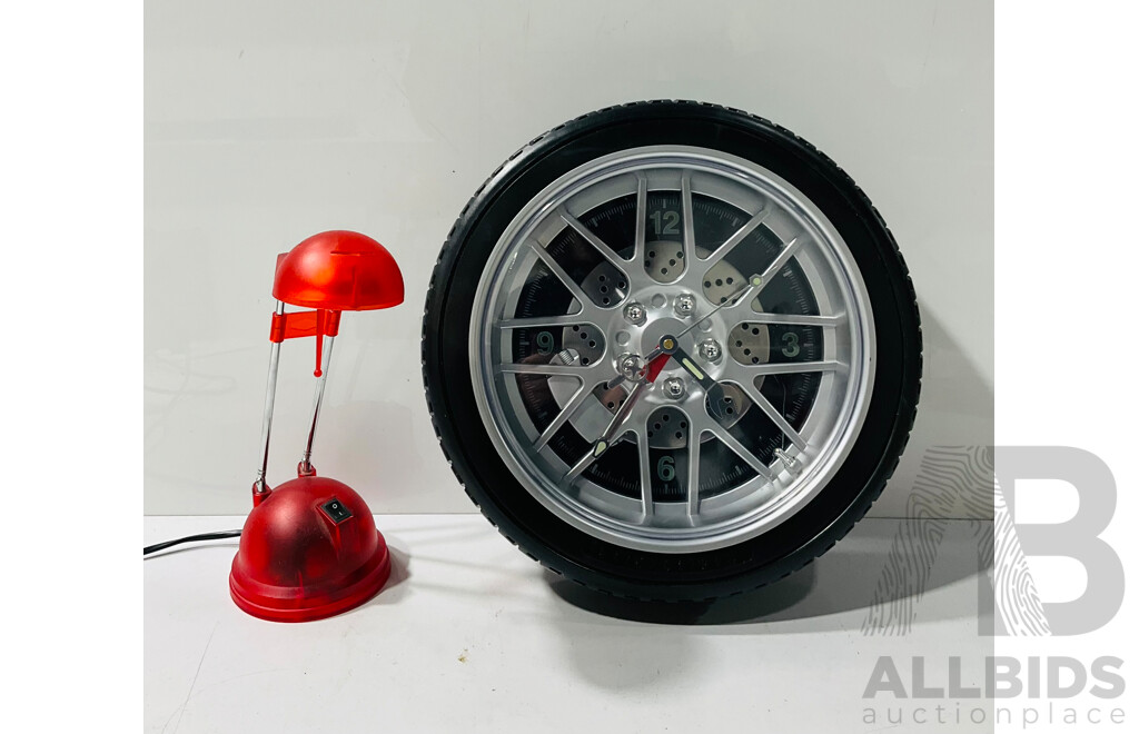 Red Plastic Desk Lamp and Novelty Tire-form Wall Clock
