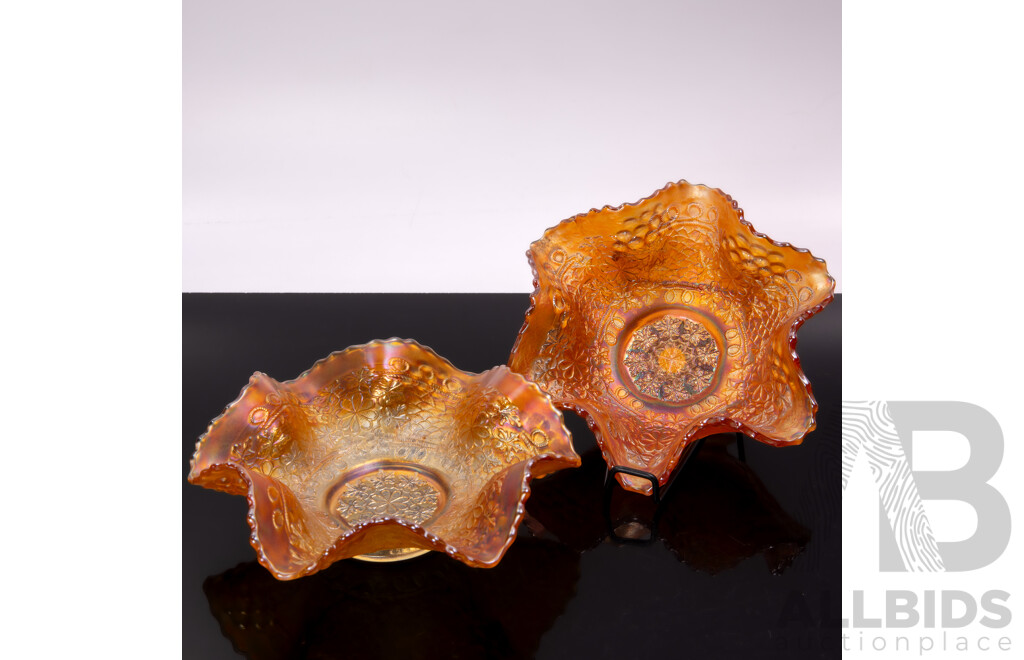 Two Vintage Indiana Marigold Carnival Glass Dishes with Fluted Sides