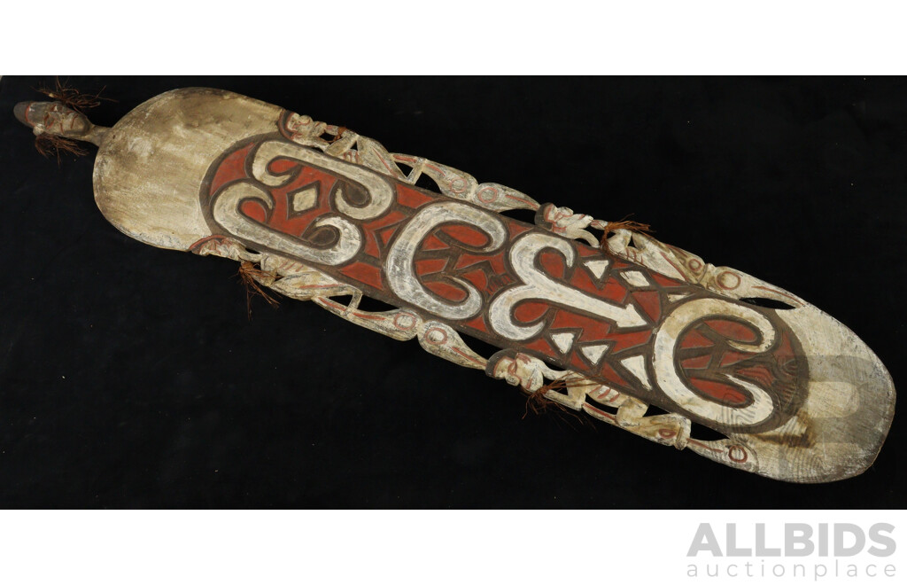 Vintage Asmat Tribe West Papuan Hand Carved Very Large Wooden Shield with Natural Pigment Polychrome Decoration