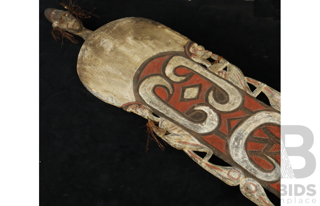 Vintage Asmat Tribe West Papuan Hand Carved Very Large Wooden Shield with Natural Pigment Polychrome Decoration