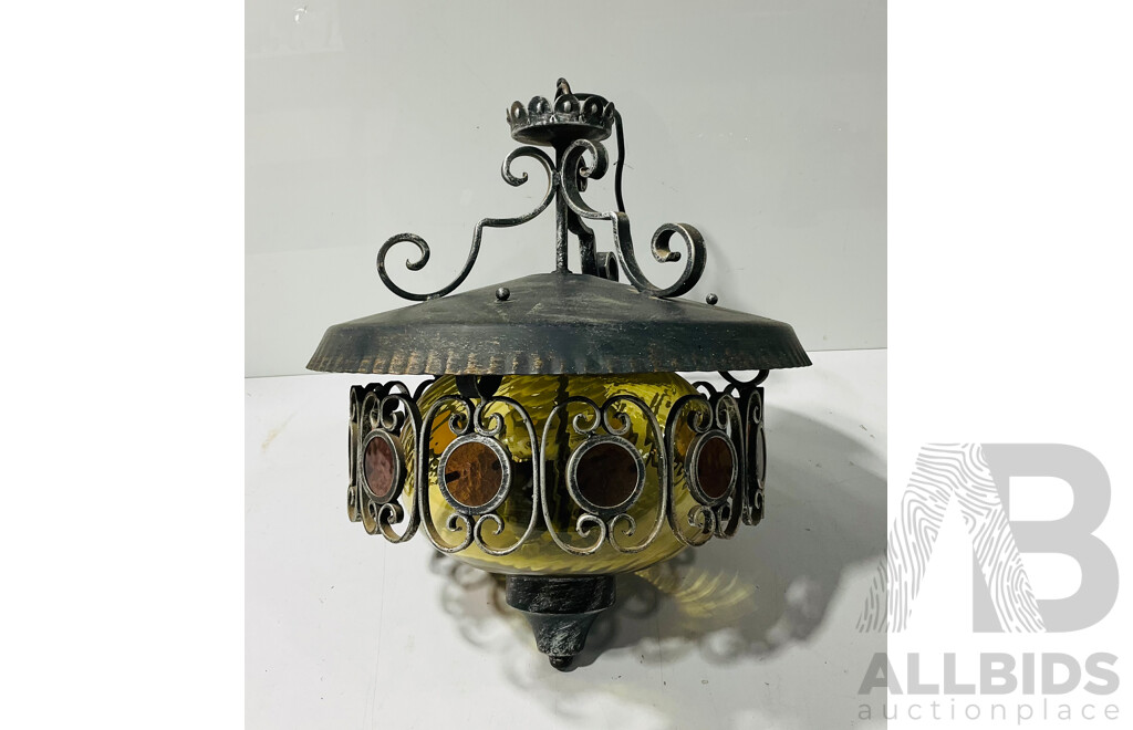 Vintage Hanging Light with Stained Glass Shade and Decorations