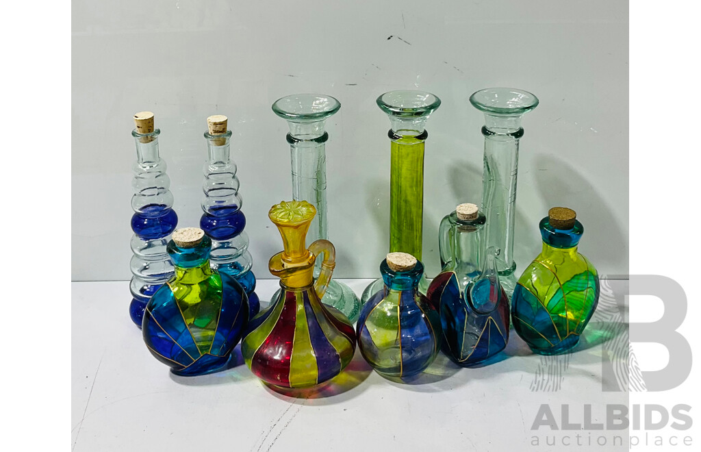 Collection Spanish Recycled Glass Items Including Bottles, Candle Holders and More