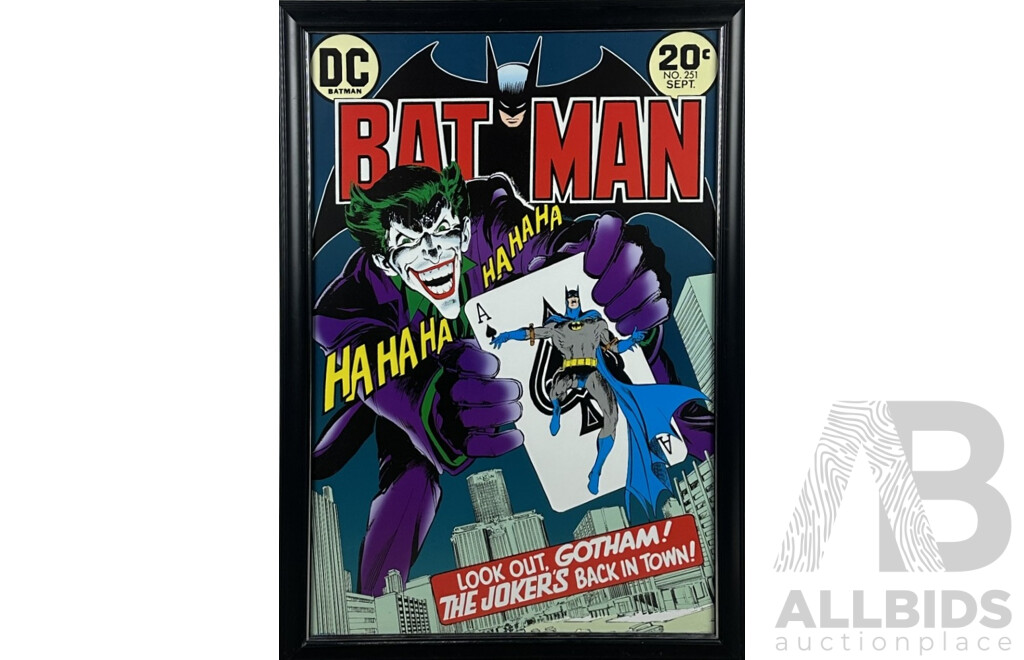 Neal Adams (20th Century, American, 1941-2022), Look Out Gotham! The Joker's Back in Town!, Wonderful Reproduction Colour DC Comics Framed Poster From Original Cover, 100 x 70 cm (frame)