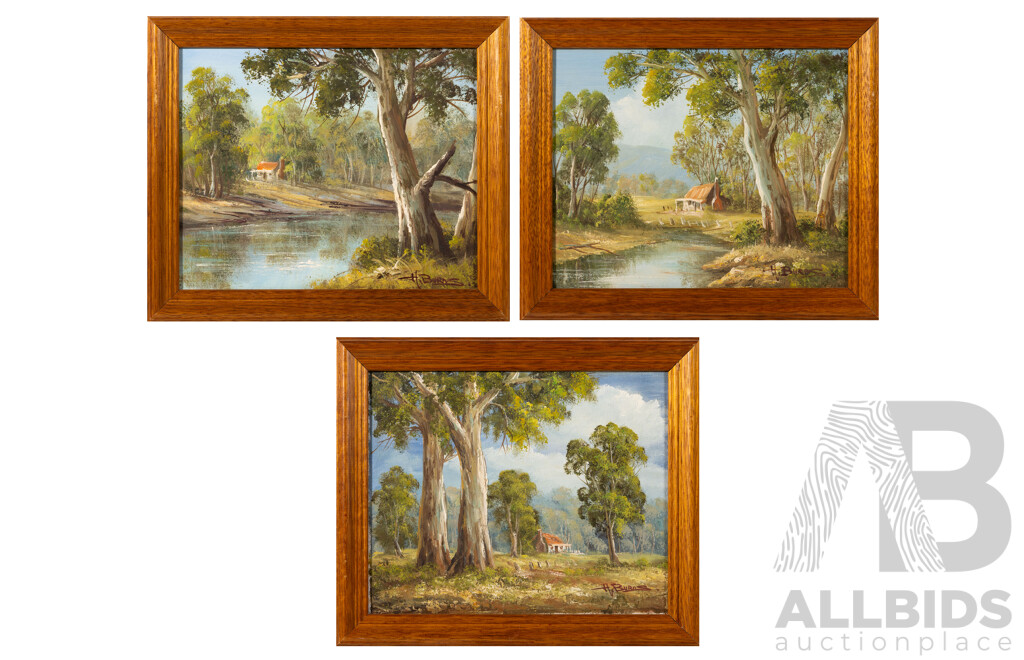 H. Burns (20th Century, Australian), Outback Homes - Australian Landscapes I, II & III (c1998), Wonderful Trio of Original Oil on Canvas Boards, 27 x 31 cm (frames) (3)