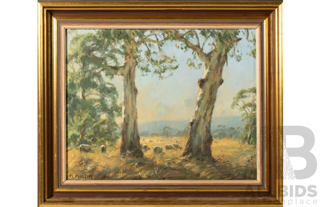 Mark Phillips, (20th Century, Australian, 1951), Sheep & Gums, [Woori Yallock, Victoria],  Wonderful Original Oil on Canvas Board, 40 x 47 cm (frame)
