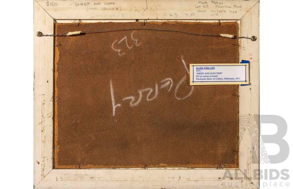 Mark Phillips, (20th Century, Australian, 1951), Sheep & Gums, [Woori Yallock, Victoria],  Wonderful Original Oil on Canvas Board, 40 x 47 cm (frame)