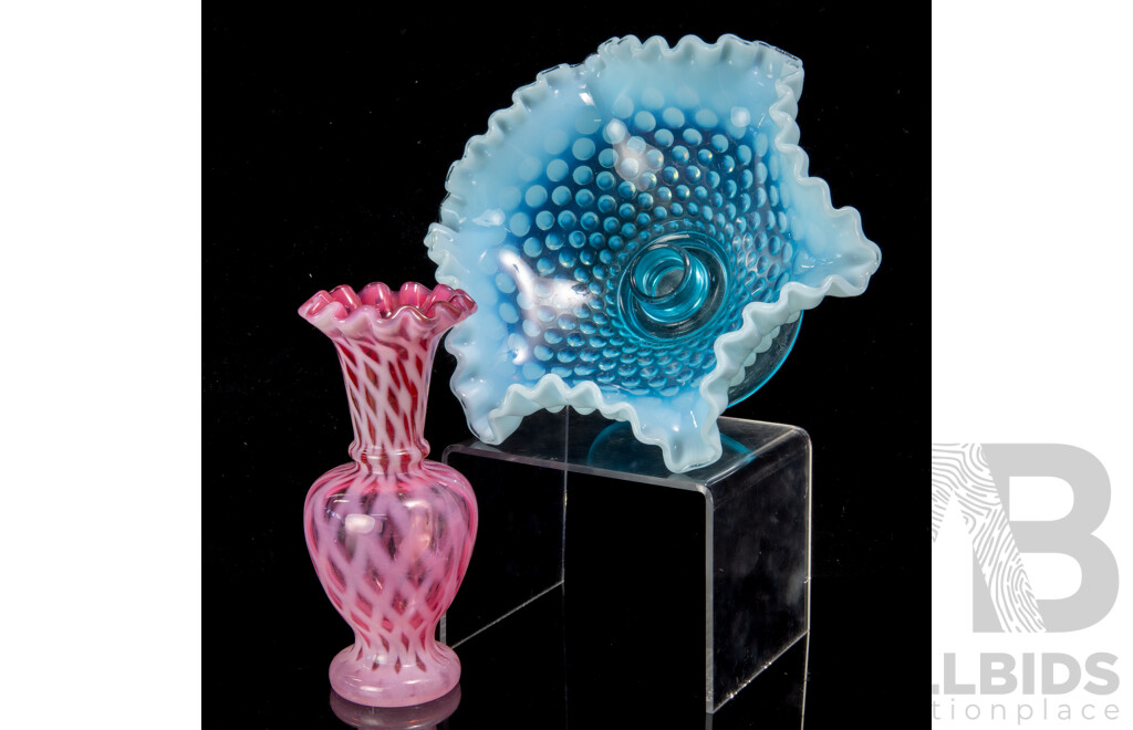 Vintage Fenton Pink Glass Vase with Net Pattern Along with Hobbed Blue Glass Fenton Style Dish