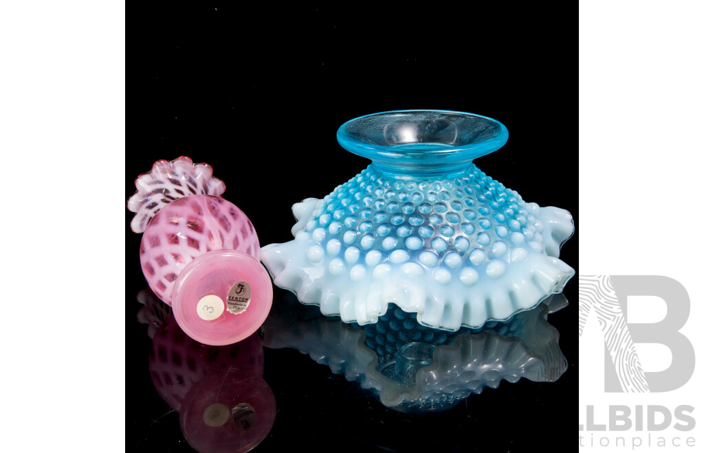 Vintage Fenton Pink Glass Vase with Net Pattern Along with Hobbed Blue Glass Fenton Style Dish