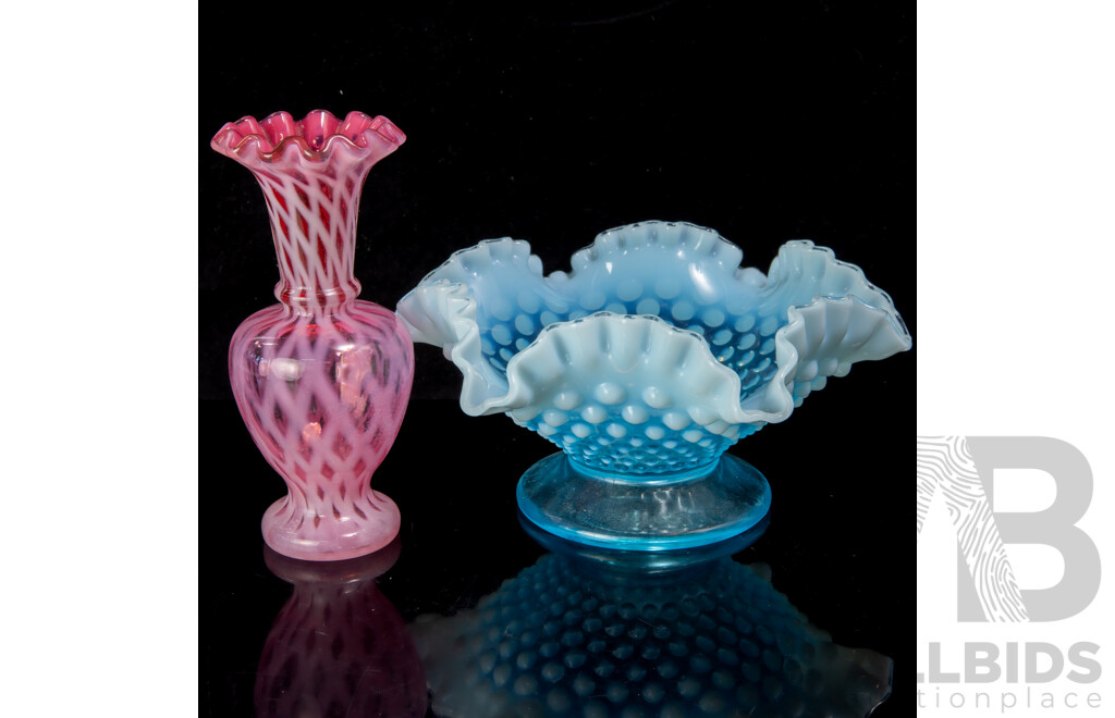 Vintage Fenton Pink Glass Vase with Net Pattern Along with Hobbed Blue Glass Fenton Style Dish