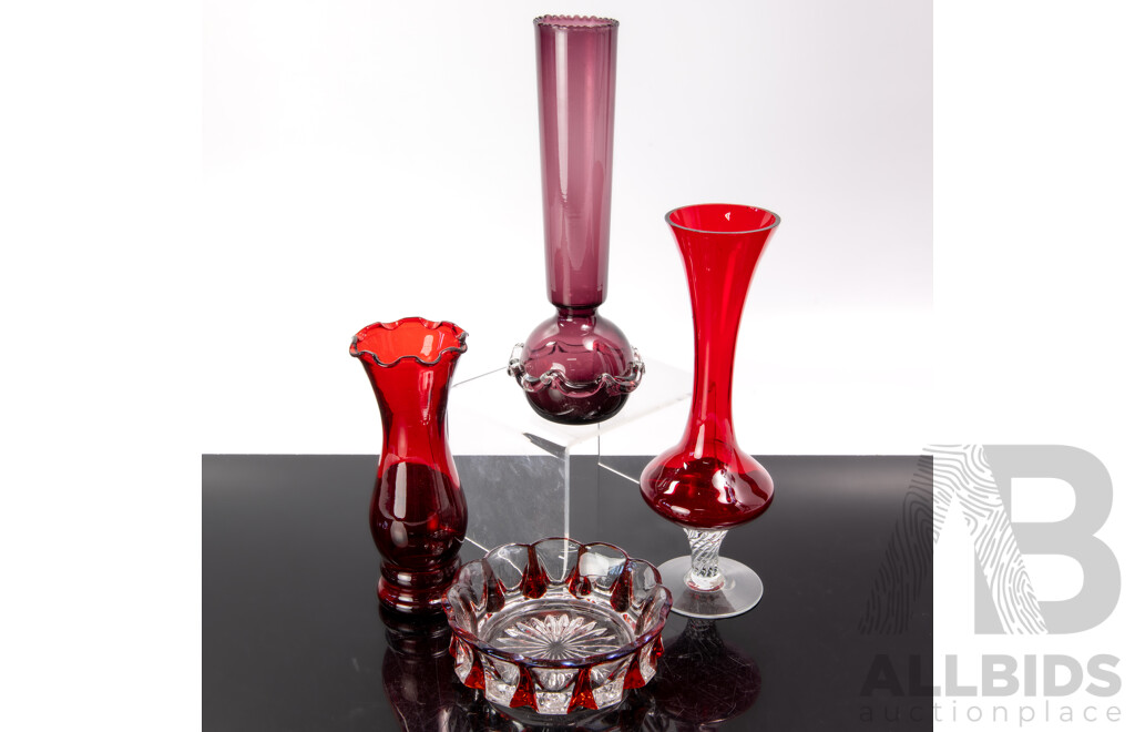 Collection Vintage Ruby Glass Pieces Comprising Three Vases and Dish