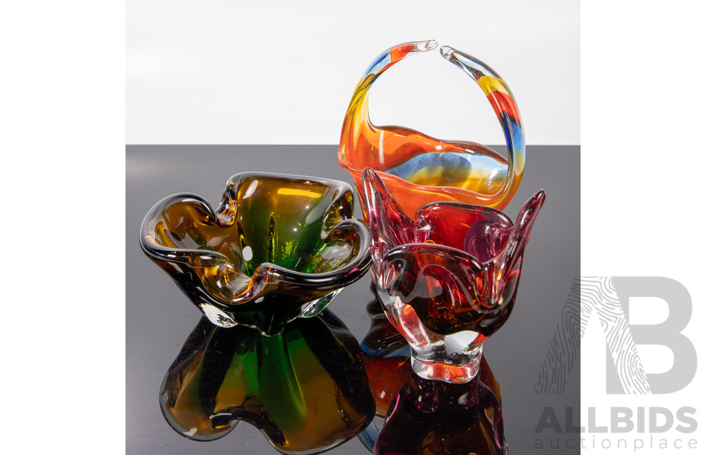 Collection Three Murano Style Glass Pieces Including Sommerso Example and Basket Form Example