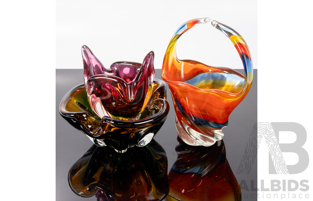 Collection Three Murano Style Glass Pieces Including Sommerso Example and Basket Form Example