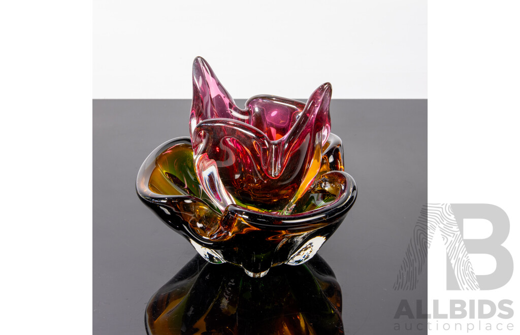 Collection Three Murano Style Glass Pieces Including Sommerso Example and Basket Form Example