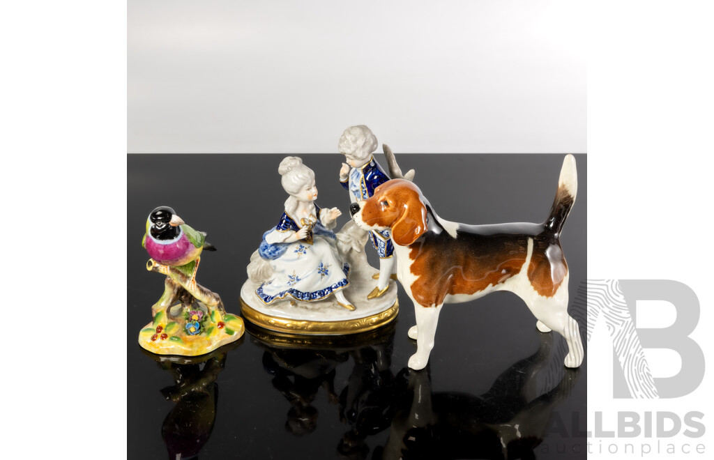 Collection Three Porcelain Figures Comprising Adderley Gouldian Finch, Wendover Doggie & Unter Weiss Bach Youths Example