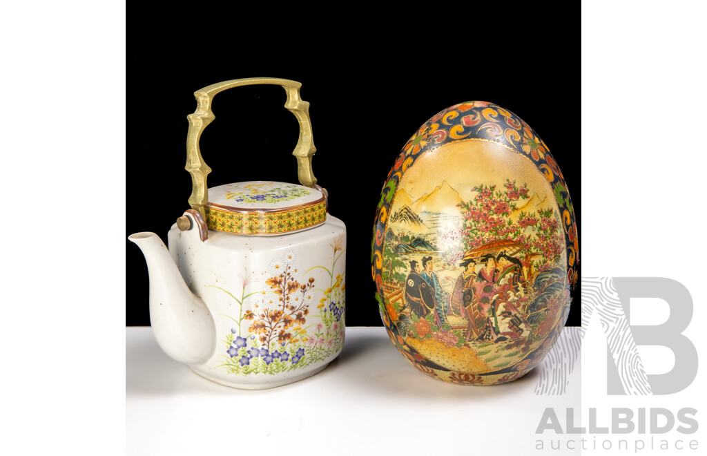 Japanese Satsuma Style Hand Decorated Ceramic Egg ALong with Japanese Lidded Hand Painted Porcelain Teapot with Brass Handle