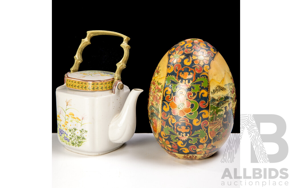 Japanese Satsuma Style Hand Decorated Ceramic Egg ALong with Japanese Lidded Hand Painted Porcelain Teapot with Brass Handle