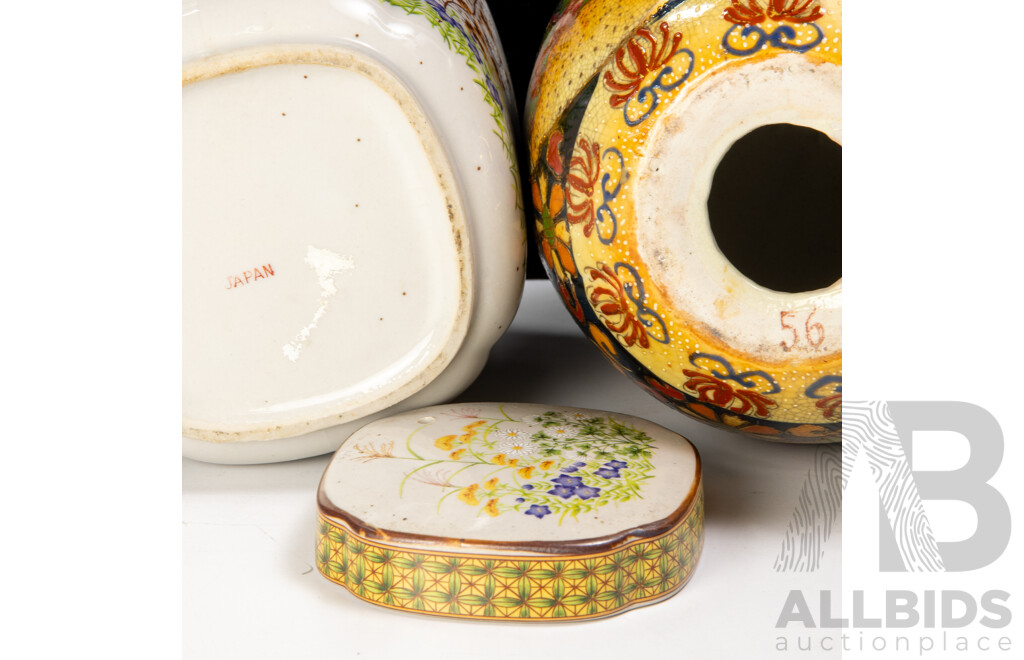 Japanese Satsuma Style Hand Decorated Ceramic Egg ALong with Japanese Lidded Hand Painted Porcelain Teapot with Brass Handle