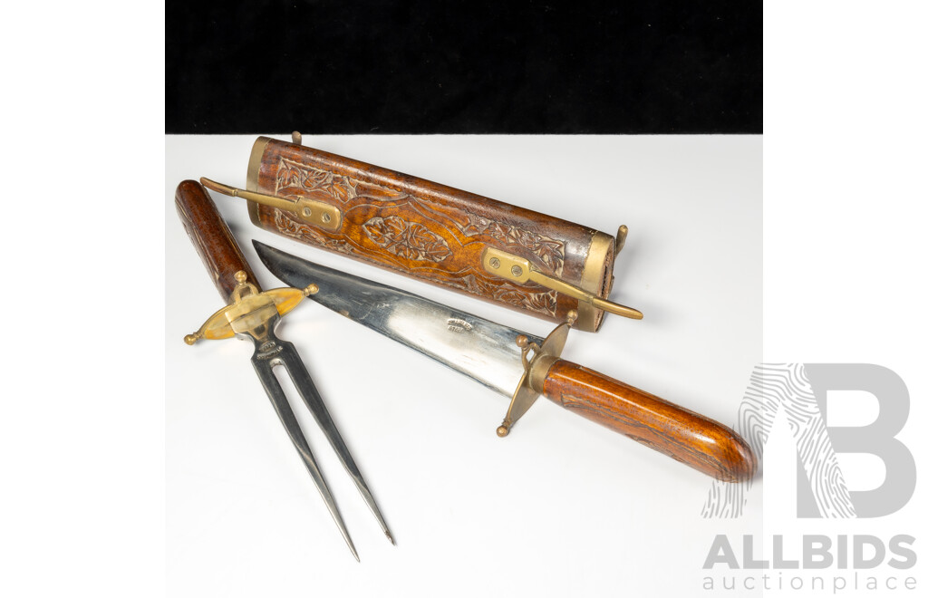 Subcontinental Hand Carved Carving Set in Wooden Sheath Including Knife and Fork
