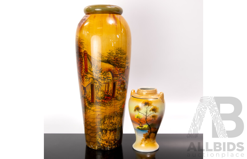 Large Vintage Turned Wooden Vase with Hand Painted Scene Along with Vintage Ceramic Vase with Hand Painted Windmill Scene