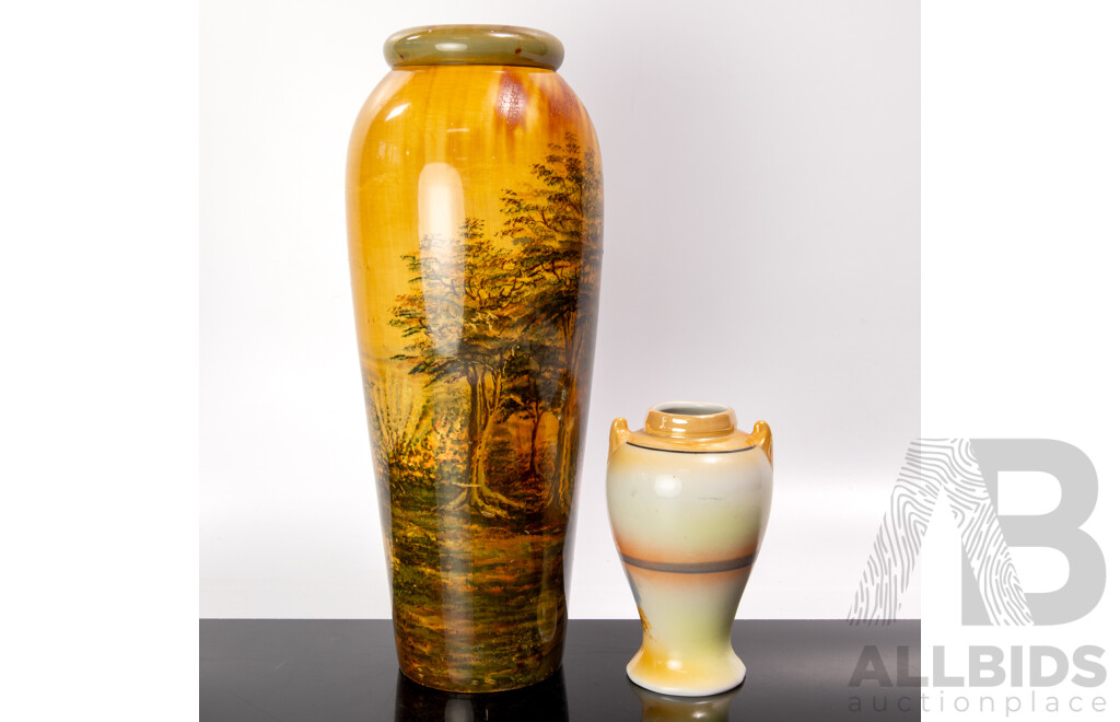 Large Vintage Turned Wooden Vase with Hand Painted Scene Along with Vintage Ceramic Vase with Hand Painted Windmill Scene