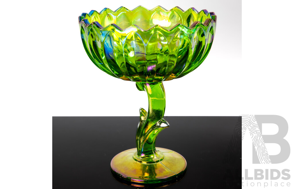 Vintage Green Iridescent Ribbed Carnival Glass Footed Dish