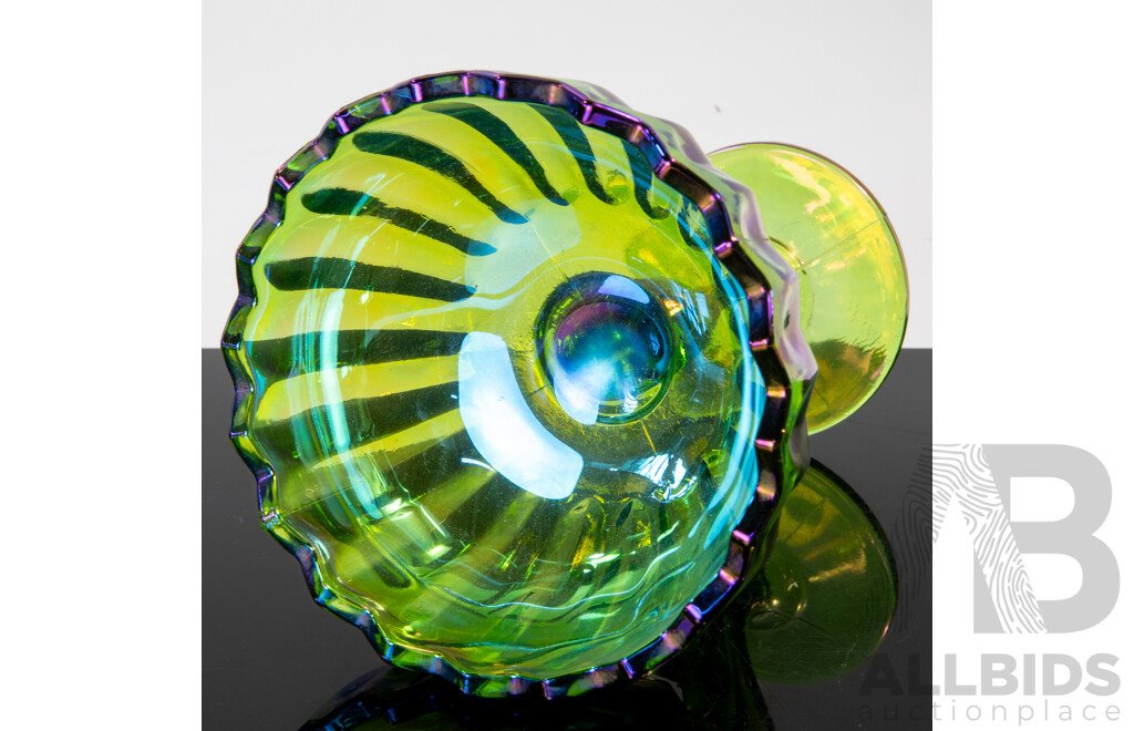 Vintage Green Iridescent Ribbed Carnival Glass Footed Dish
