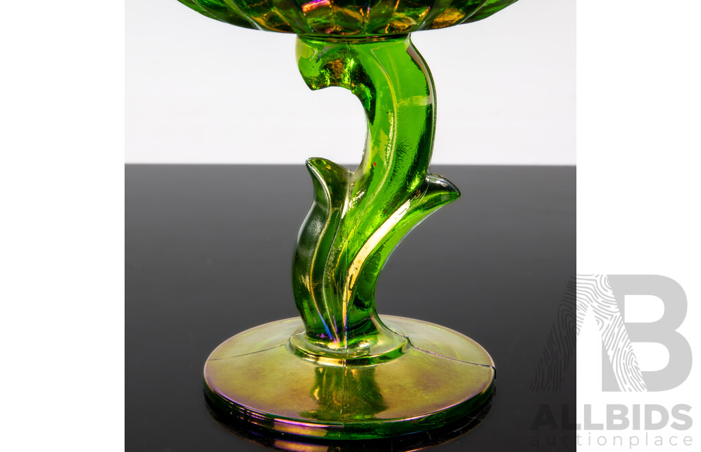 Vintage Green Iridescent Ribbed Carnival Glass Footed Dish